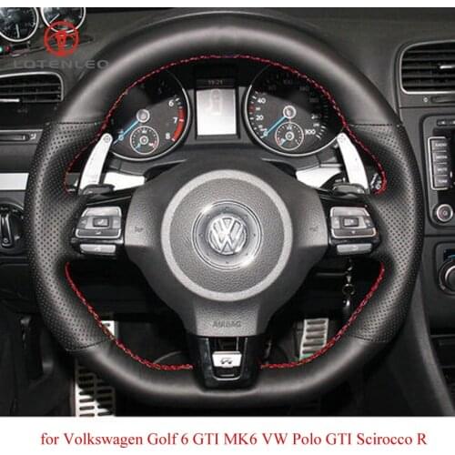 LQTENLEO Black Artificial Leather Car Steering Wheel Cover for Volkswagen Golf 6 GTI MK6 VW Polo GTI Scirocco R Passat CC R-Line