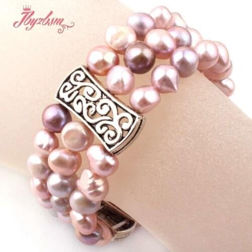 6x8mm Natural Freshwater Pearl Handmade Beaded Classical Elastic Adjustbale Bracelet 7.5 " for Women Chritmas Birthday Gift