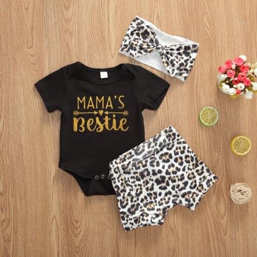 Emmababy Newborn Baby Boy Girl Clothes Summer Letter Short Sleeve Romper Tops Leopard Shorts Headband 3Pcs Outfits Cotton Set