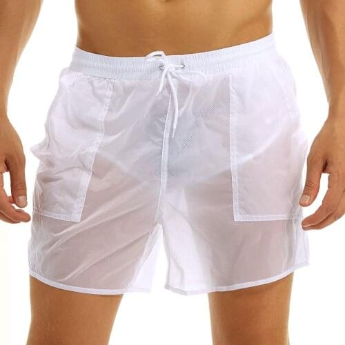 Swimwear Mens Swimsuit Elastic Waist See-Through Drawstring Quick Dry Beach Shorts Swimming Trunks with Bulit-in Mesh Briefs