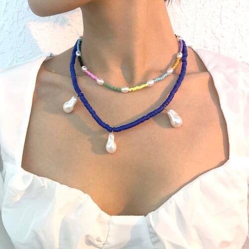 Lalynnly 2021 Fashion Popular Womens Colorful Handmade Rice Bead Simulation Pearl Pendant Necklace Female Jewelry Gifts N9177