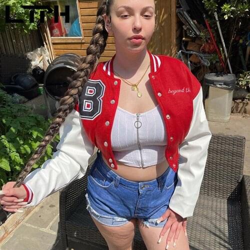 LTPH patchwork long sleeve women sweetshirts short loose single breasted Baseball clothing jacket outerwear 2021 autumn new