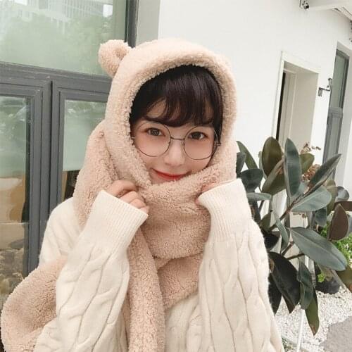 2021 Fashion Winter Women Novelty Beanies Cap Warm Cute Bear Ear Hat Casual Plush Hats Scarf Set Casual Solid Women Caps Gift