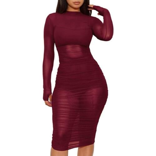 Fashion Solid Mesh Perspective Tight Dresses Female Night Clubwear Long Sleeve Midi Dress Sexy Slim Fit O Collared Sundress Robe