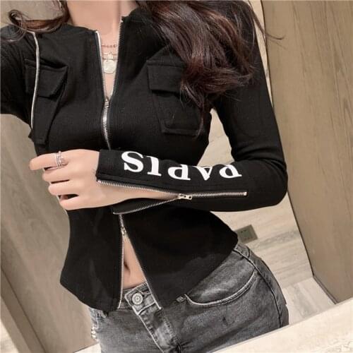Fashion Pocket Women Sweater Autumn Letter Printed Zip Cardigan Jackets Long Sleeve Korean Casual Splits Knit Top2021