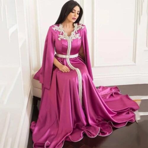 Muslim Long Evening Party Dress Embroidered Beading Dubai Moroccan Kaftan Dress Long Sleeves Arabic Special Occasion Dresses