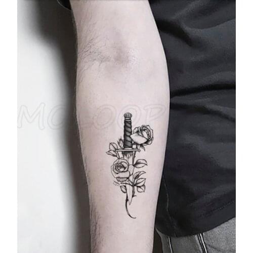 Tattoo Sticker Dagger Sword Bud Rose Flower Element Anime Tatto Body Art Makeup Waterproof Temporary Women and Men