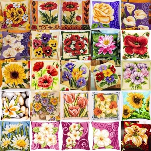 TH flowers 05 NEW DIY Needlework Kit Acrylic Yarn Embroidery Pillow Tapestry Canvas Cushion Front Cross Stitch Pillowcase