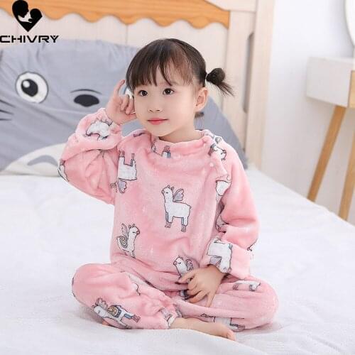 New Autumn Winter Kids Boys Girls Warm Flannel Pajamas Sets Cartoon Long Sleeve Tops with Pants Home Wear Sleeping Clothing Set