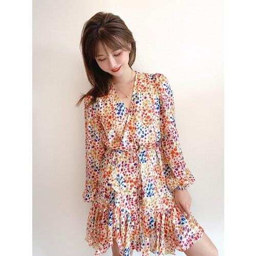 V-neck Puff Sleeve Ruffle Print Dress