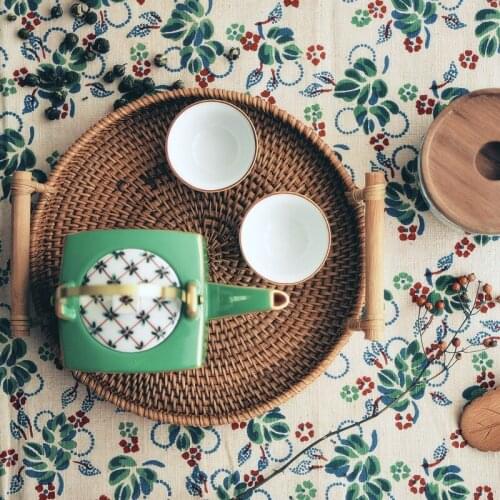 Rattan woven bread basket Round Tea Tray With Handles Handmade needle tray snacks fruit storage basket 2 size countryside style