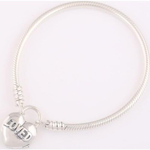 S925 Smooth Bracelet With Loved Heart Padlock Clasp Bracelet fit Lady Bead Charm DIY Jewelry
