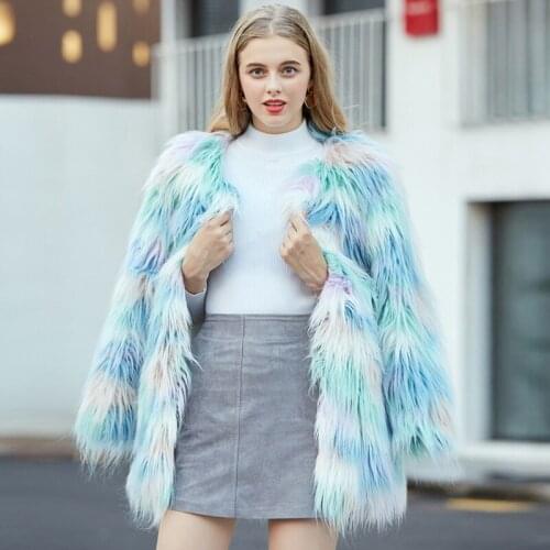 Savabien New Winter Coat Women Macaron Color Long Sleeve Faux Fur Coat Fashion Long Shaggy Faux Fur Jacket Warm Female Outerwear
