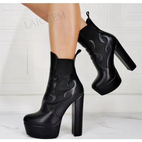 SEIIHEM Women Ankle Platform Boots Square High Heels Short Booties Unisex Female Black Autumn Winter Shoes Woman Size 42 44 47