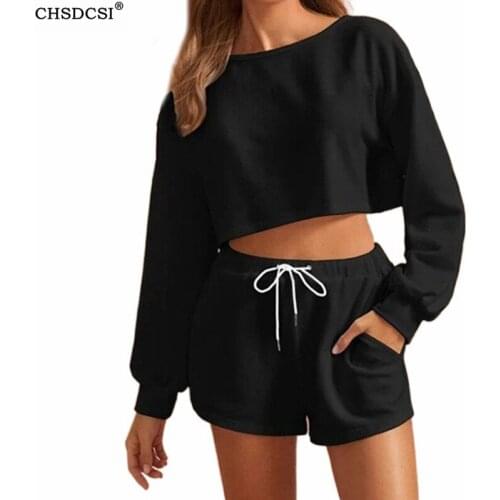 CHSDCSI Two Piece Set Tracksuit Women Solid Round Neck Long Sleeve Pullover Top And Shorts Home Suit Female Leisure Sportswear