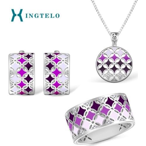 XINGTELO Gradient Purple Enamel Jewelry Set 925 Sterling Silver Earrings Pendant Ring Chain White Crystal Jewelry for Women