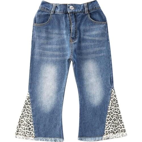 1-6Y Summer Fashion Infant Kids Girls Pants Denim Blue Leopard Print High Waist Flare Pants Trousers