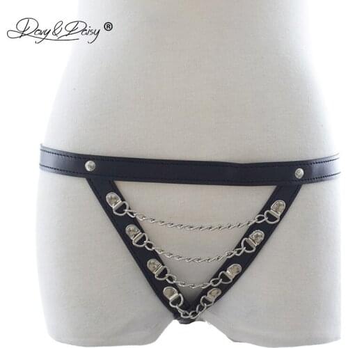 DAVYDAISY Women Sexy Panties Metal Chain Open Crotch Panties PU Leather Thong Sexy Lingerie Exotic Briefs Female Underwear UN523