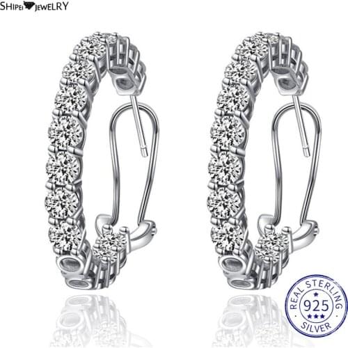 Shipei 925 Sterling Silver Created Moissanite Diamonds Round Hoop Earrings Wedding Fine Jewelry Engagement White Gold Earrings