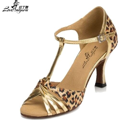 Ladingwu Free Shipping Tiger texture Satin and Golden PU Latin Dance Shoes Women Satin Salsa Dance Shoes Soft Bottom sandals