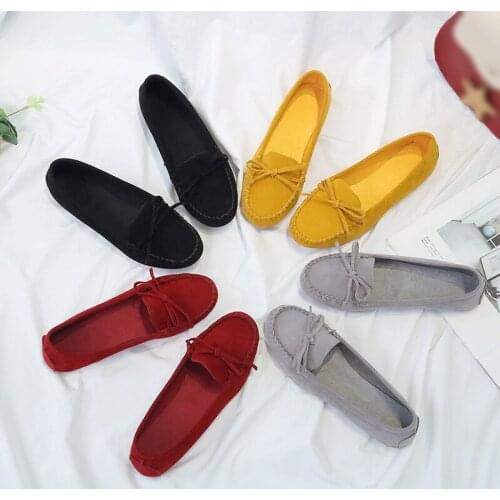 Womens Flat Shoes, Large Size 41 42 43 Casual Suede Loafers, Non-slip Driving Shoes Decorated with Bows (Round Toe)