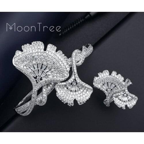 MoonTree Women Wedding Bridal Bangle Ring Dubai Dress Jewelry Set Lxury Ginkgo Leaf Full Micro AAA Cubic Zirconia