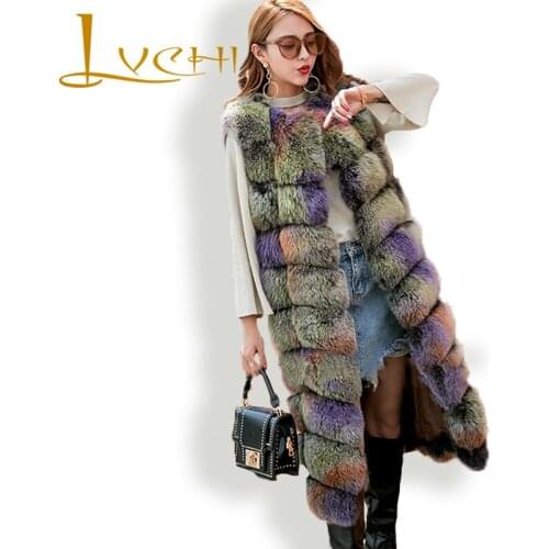 LVCHI 2019 Women Real Fur Vest Anti-season Casual Long Gradual Color Fox Fur Vest Tailor-Made Winter Warm O Neck Fur Prom Vest