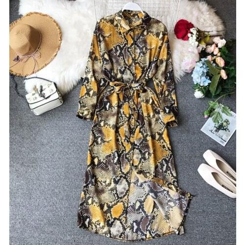 2021 Spring Summer Womens Chic Snake Pattern Shirt Dress Long-Sleeved New Loose Thin Tide Lace Female Vestidos WA407