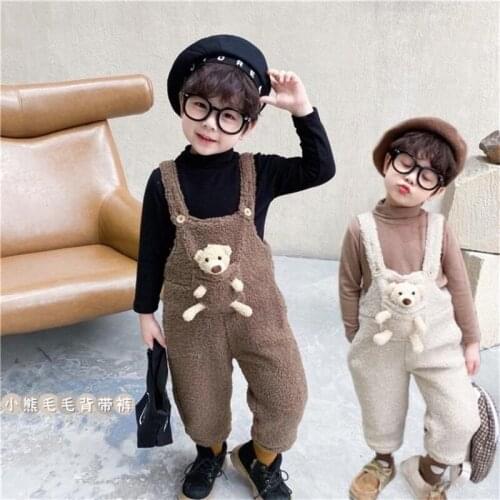 80-130 Cm Winter Girls Boys Cute Cartoon Bear Suspender Pant Baby Kids Children Thick Warm Overalls