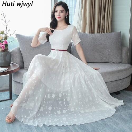 2021 Solid Chiffon Beach Midi Dresses Summer Vintage 4XL Plus Size Boho White Maxi Sundress Elegant Women Bodycon Party Vestidos