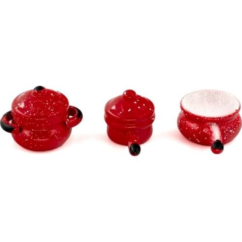 3Pcs 1/12 Doll House Miniature Resin Red Soup Pot Simulation Kitchen Utensils Model for Mini Decoration Dollhouse Accessories