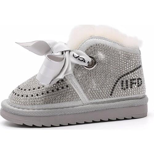 AOGT 2021 Winter Baby Girls Boots Rhinestone Princess Warm Plush Toddler Cotton Shoes Non-Slip Fashion Wool Infant Snow Boot