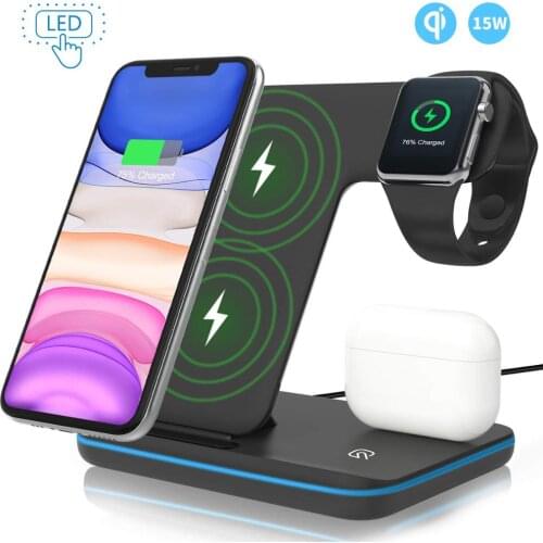 Wireless Charger Stand 3 in 1 Qi 15W Fast Charging Dock Station for Apple Watch iWatch 6 5 4 AirPods Pro iPhone 12 11 XS XR X 8