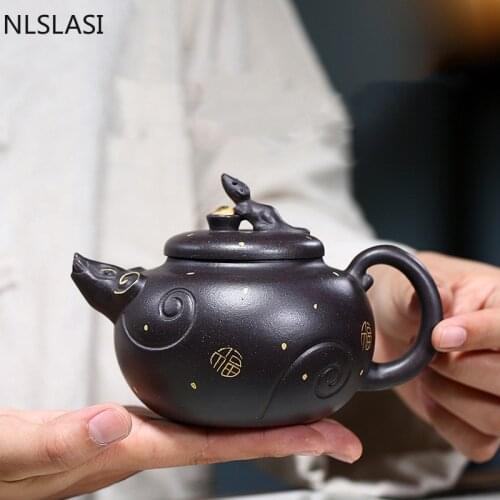 Yixing tea pot Handmade purple clay filter teapots beauty kettle Raw ore black gold sand Custom tea set Authentic Teaware 300ml