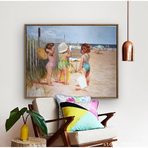 No frame classical beach cute girls landscape canvas printings oil painting printed on cotton home wall art decoration picture