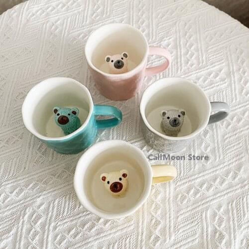 Ceramic Cup Milk Cup Ins 401-500ml Japanese Style Animal Girl Breakfast Microwavable Oatmeal Mug Coffee Cup Milk Cup Juice Cup