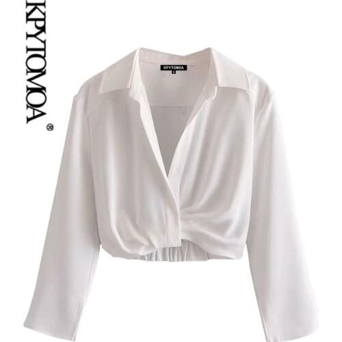 KPYTOMOA Women 2021 Fashion Pleated Cropped Blouses Vintage Three Quarter Sleeve Back Elastic Hem Female Shirts Chic Tops