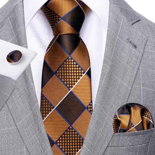 Fashion Gold Plaid Men Tie Set 8.5cm Silk Jacquard Neckties Wedding Business Handkerchief Cufflink Tie Barry.Wang FA-5286