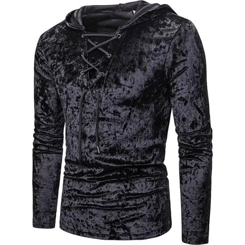 Casual t Shirt Solid Drawstring Hip Hop Streetwear Slim Fit Swag Velvet Tee Tops Autumn Men Long Sleeve Hooded Flannel Velour