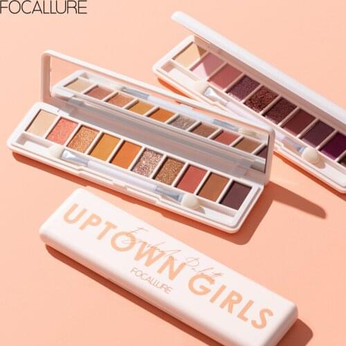 FOCALLURE 10 Colors Makeup Eye Shadow Palette Waterproof Matte Glitter Eyeshadow Kit Pink Nude Eye Cosmetics With Mirror Brush