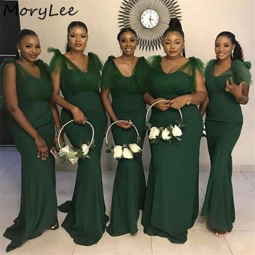 African Bridesmaid Dresses Sexy Green V-Neck Sleeveless Floor Length Sweep Train Silk Satin Wedding Party Bridemaid Dresses