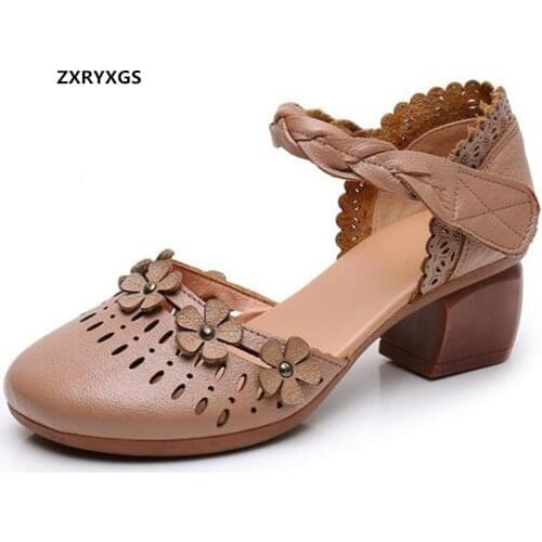 Promotion 2021 New Summer Round Toe Flowers Genuine Leather Sandals Elegant Fashionable Sandals High Heel Shoes Woman Sandals