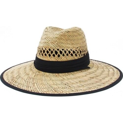 Handwork Women Men Lifeguard Hat Straw Cowboy Summer Beach Sun Hat Black Red Ribbon Outdoor Wide Brim Panama Hat Cowgirl Sombrer