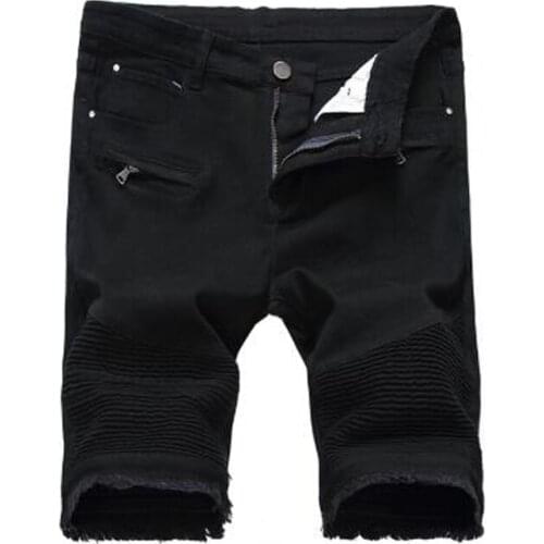 New Mens male fashion casual summer slim stretch denim biker shorts Plus size pleated patchwork fringe jeans Black White Red