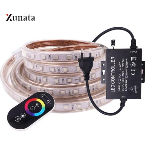 220V SMD5050 LED Strip Light RGB 60/120LEDs Flexible Led Tape with Remote Controller Waterproof Led Ribbon Diode Tape EU/UK Plug