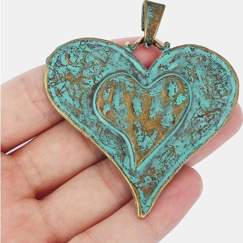 4PCS Vintage Bronze Verdigris Patina Tone Large Heart Charm Pendant for Necklace Jewelry Making Findings
