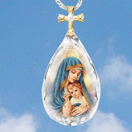 Womens Fashion Golden Crystal Virgin Mary Pattern Water Drop Shape Pendant Creative Cross Jewelry