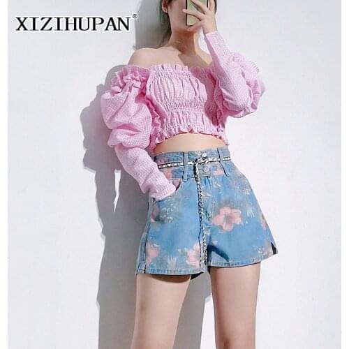 XIZIHUPAN Pink Fold Pleated Shirt For Women Square Collar Puff Long Sleeve Slimming Short Shirts Female Summer 2021 Fashion New