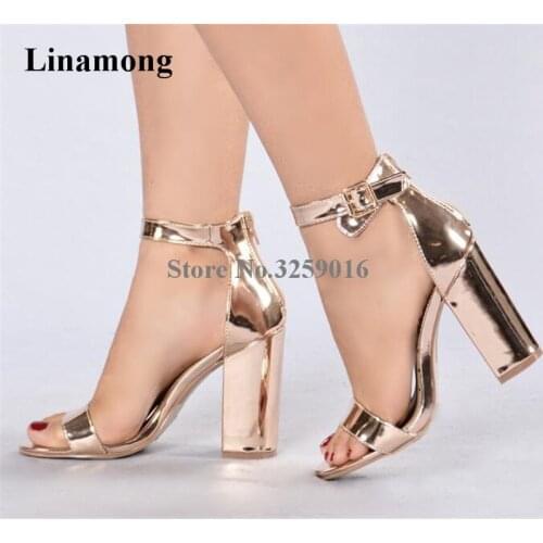 Women Luxury Open Toe One Strap Champagne Gold Chunky Heel Sandals Ankle Strap Buckle Thick High Heel Sandals Dress Shoes
