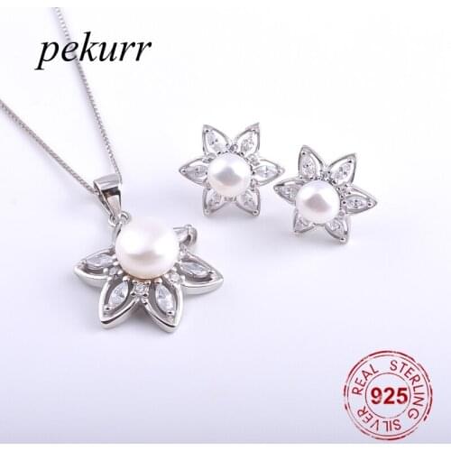 Pekurr 925 Sterling Silver Crystal Fruit Flower Freshwater Natural Pearl Earrings Necklace Sets For Women Star Pendant Jewelry